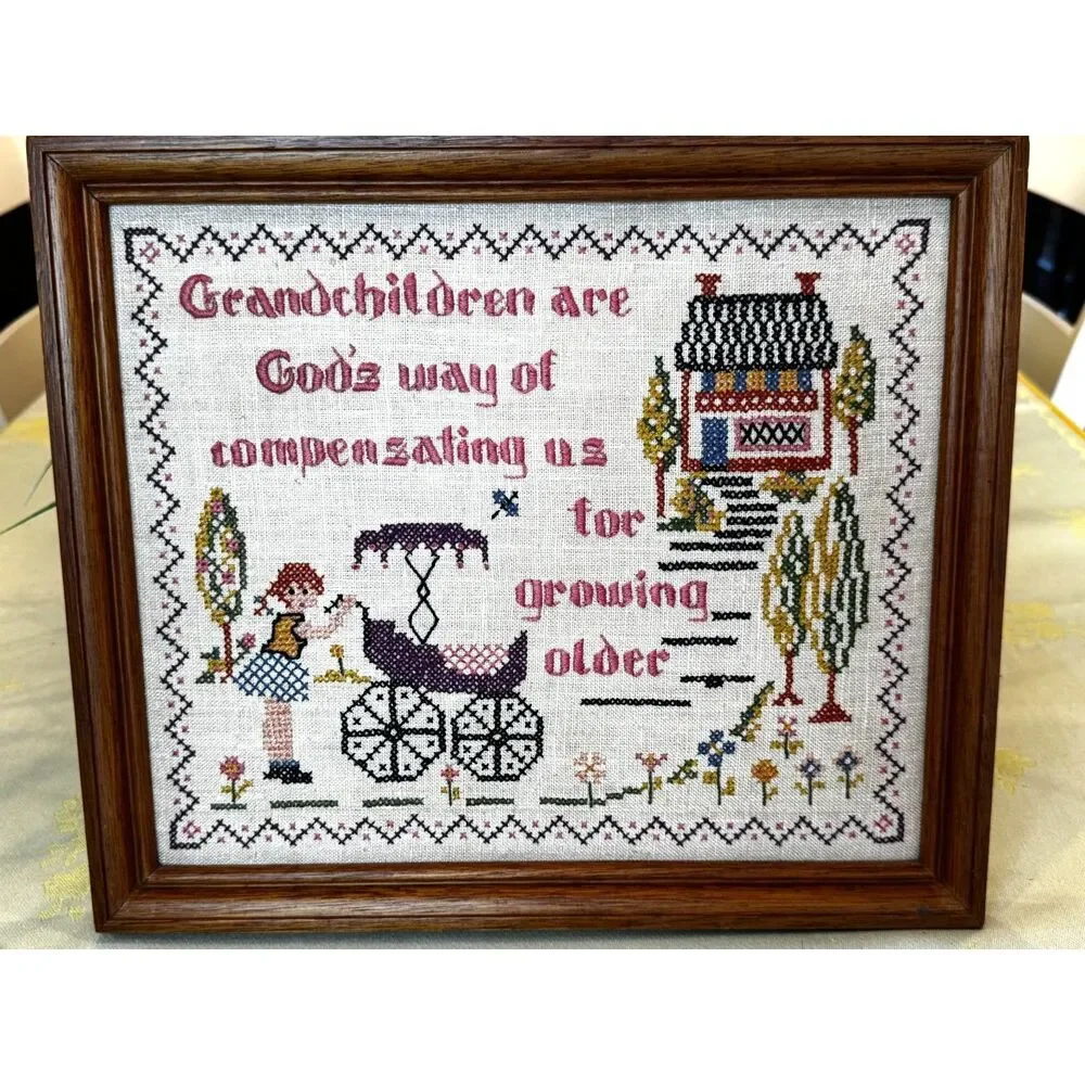 Vintage original cross stitch; Framed; Grandchildren theme